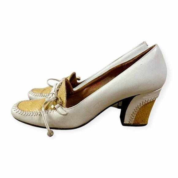 Vintage Rosina Ferragamo Schiavone Heeled Loafer Pumps,  Size 5.5, White Yellow - Picture 4 of 10